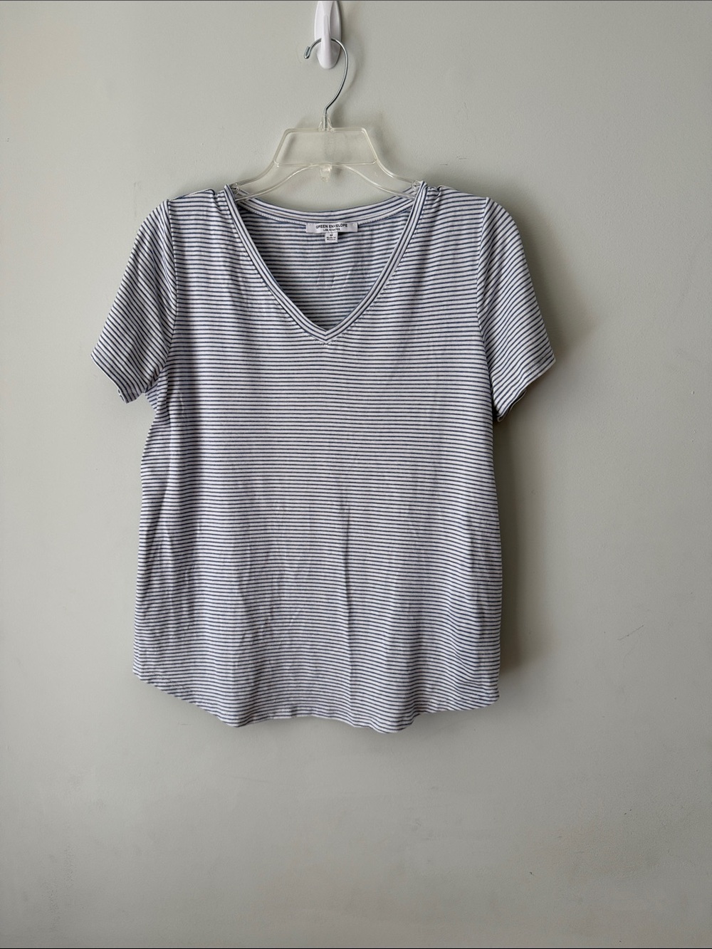 Green Envelope Women's V-Neck Short Sleeve Striped Tee - White & Black